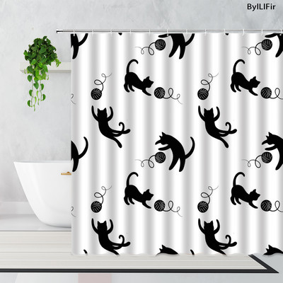Slatki pas, mačka, crno-bijeli smiješni uzorci kućnih ljubimaca, životinje, tkanina, zavjese za tuširanje, poliesterske vodootporne dječje kupaonske zavjese