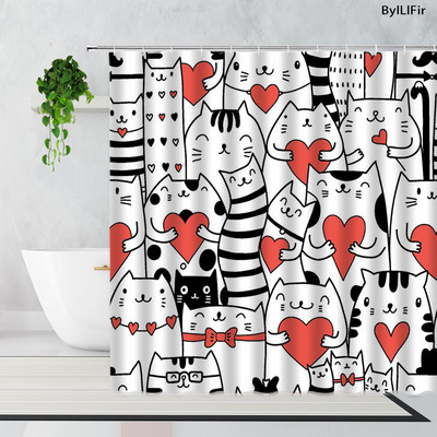 Slatki pas, mačka, crno-bijeli smiješni uzorci kućnih ljubimaca, životinje, tkanina, zavjese za tuširanje, poliesterske vodootporne dječje kupaonske zavjese