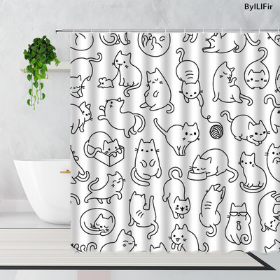 Slatki pas, mačka, crno-bijeli smiješni uzorci kućnih ljubimaca, životinje, tkanina, zavjese za tuširanje, poliesterske vodootporne dječje kupaonske zavjese