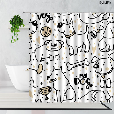 Slatki pas, mačka, crno-bijeli smiješni uzorci kućnih ljubimaca, životinje, tkanina, zavjese za tuširanje, poliesterske vodootporne dječje kupaonske zavjese