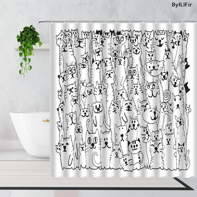 Slatki pas, mačka, crno-bijeli smiješni uzorci kućnih ljubimaca, životinje, tkanina, zavjese za tuširanje, poliesterske vodootporne dječje kupaonske zavjese