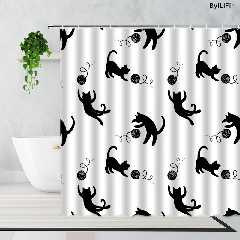 Slatki pas, mačka, crno-bijeli smiješni uzorci kućnih ljubimaca, životinje, tkanina, zavjese za tuširanje, poliesterske vodootporne dječje kupaonske zavjese