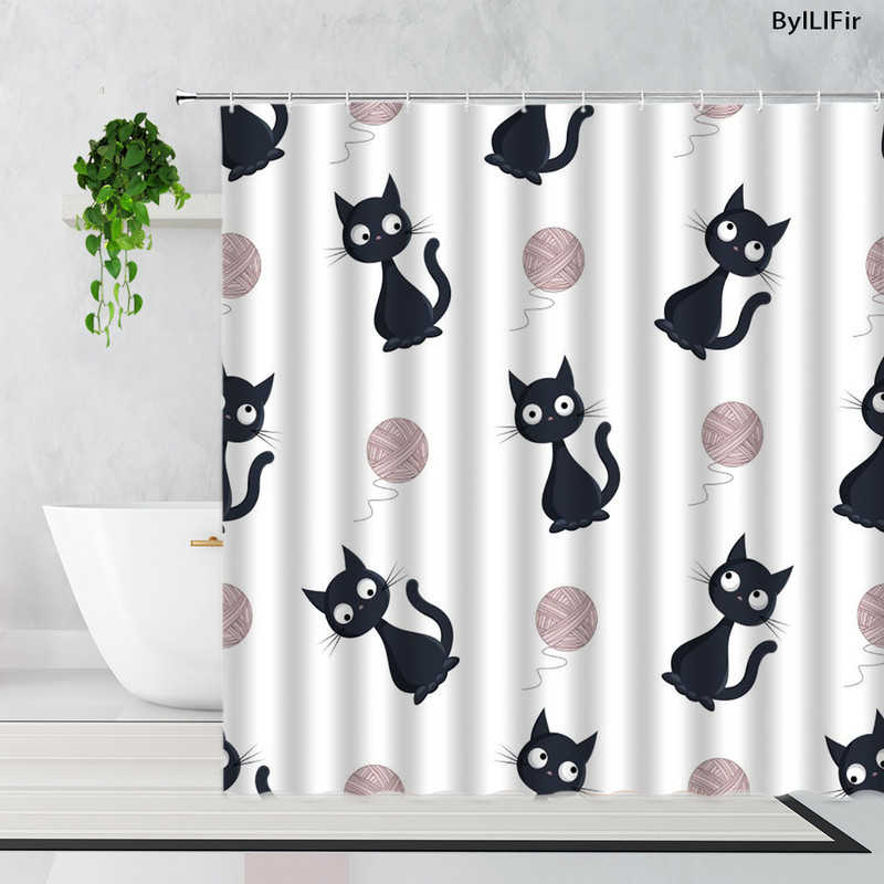 Slatki pas, mačka, crno-bijeli smiješni uzorci kućnih ljubimaca, životinje, tkanina, zavjese za tuširanje, poliesterske vodootporne dječje kupaonske zavjese