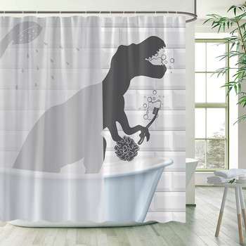 Смешни завеси за къпане на динозаври за душ Сив силует Диво животно Бяло Декорация на баня Полиестерна тъкан Завеса за баня