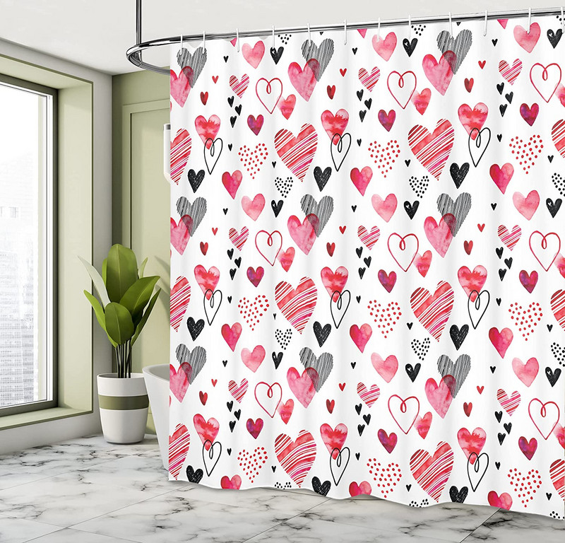 Crvena valentinova zavjesa za tuširanje u stilu crteža u obliku srca i romantičnih crteža za Valentinovo Umjetnička tkanina za dekoraciju kupaonice