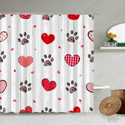 Crveno srce Zavjese za tuširanje Crtani crni životinjski otisci Moderna kupaonska dekoracija za Valentinovo Kompleti zavjesa za kupaonicu od tkanine