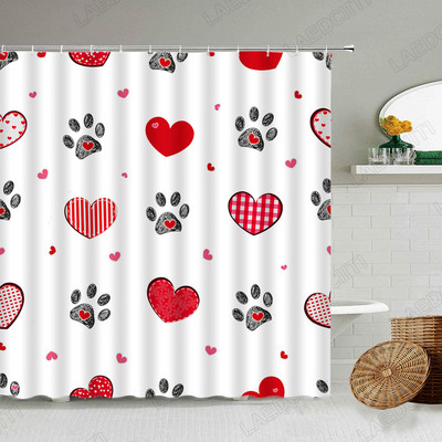 Crveno srce Zavjese za tuširanje Crtani crni životinjski otisci Moderna kupaonska dekoracija za Valentinovo Kompleti zavjesa za kupaonicu od tkanine