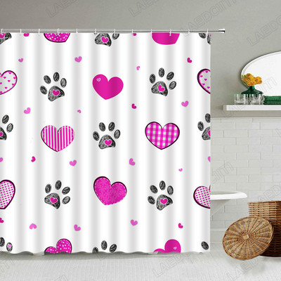 Crveno srce Zavjese za tuširanje Crtani crni životinjski otisci Moderna kupaonska dekoracija za Valentinovo Kompleti zavjesa za kupaonicu od tkanine