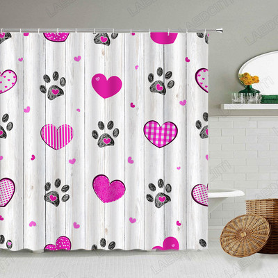 Crveno srce Zavjese za tuširanje Crtani crni životinjski otisci Moderna kupaonska dekoracija za Valentinovo Kompleti zavjesa za kupaonicu od tkanine