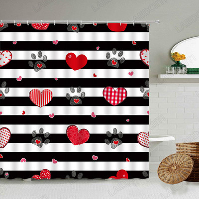 Crveno srce Zavjese za tuširanje Crtani crni životinjski otisci Moderna kupaonska dekoracija za Valentinovo Kompleti zavjesa za kupaonicu od tkanine