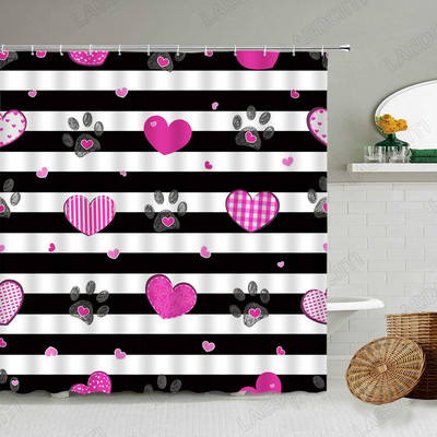 Crveno srce Zavjese za tuširanje Crtani crni životinjski otisci Moderna kupaonska dekoracija za Valentinovo Kompleti zavjesa za kupaonicu od tkanine