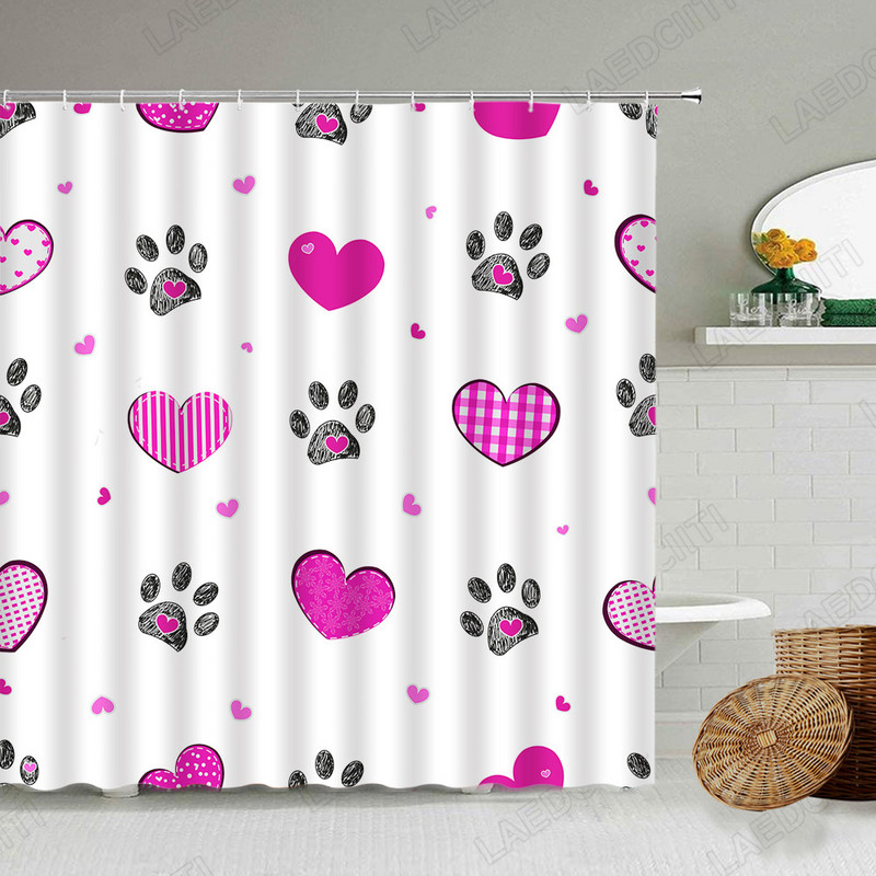 Crveno srce Zavjese za tuširanje Crtani crni životinjski otisci Moderna kupaonska dekoracija za Valentinovo Kompleti zavjesa za kupaonicu od tkanine