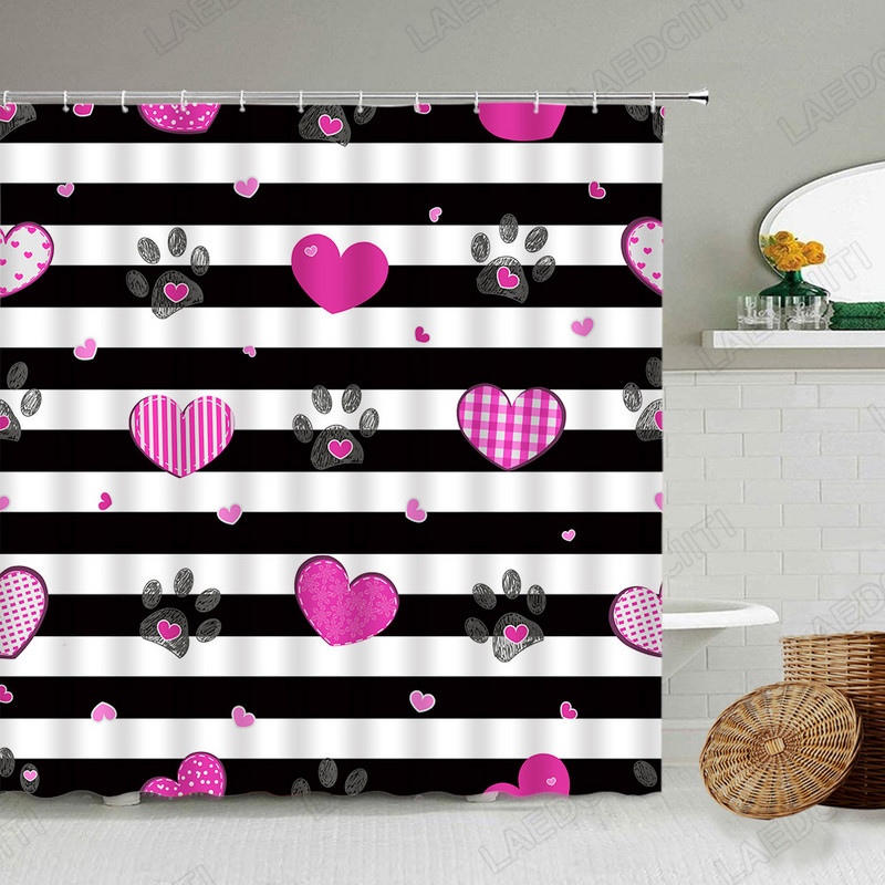 Crveno srce Zavjese za tuširanje Crtani crni životinjski otisci Moderna kupaonska dekoracija za Valentinovo Kompleti zavjesa za kupaonicu od tkanine