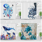 Delfīns Jūras Bruņurupucis Astoņkājis Dušas Aizkari Akvarelis Okeāna Dzīvnieku Ziedu Ainavas Dekors Ūdensizturīgs Vanna Vannas aizkars Baño