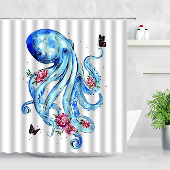 Dolphin Sea Turtle Octopus Κουρτίνες μπάνιου Ακουαρέλα ωκεανό Ζώο λουλούδι σκηνικό διακόσμηση Αδιάβροχη κουρτίνα μπάνιου Baño
