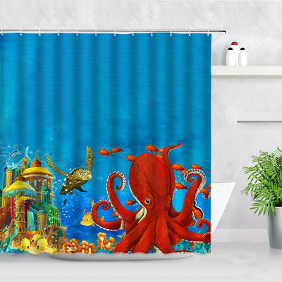 Delfīns Jūras Bruņurupucis Astoņkājis Dušas Aizkari Akvarelis Okeāna Dzīvnieku Ziedu Ainavas Dekors Ūdensizturīgs Vanna Vannas aizkars Baño