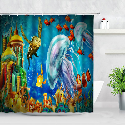 Delfīns Jūras Bruņurupucis Astoņkājis Dušas Aizkari Akvarelis Okeāna Dzīvnieku Ziedu Ainavas Dekors Ūdensizturīgs Vanna Vannas aizkars Baño