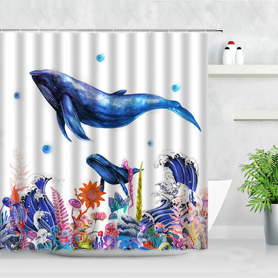 Delfīns Jūras Bruņurupucis Astoņkājis Dušas Aizkari Akvarelis Okeāna Dzīvnieku Ziedu Ainavas Dekors Ūdensizturīgs Vanna Vannas aizkars Baño