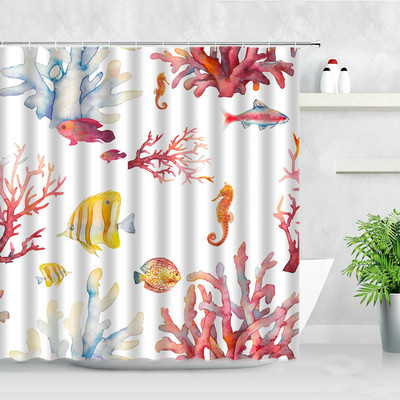 Delfīns Jūras Bruņurupucis Astoņkājis Dušas Aizkari Akvarelis Okeāna Dzīvnieku Ziedu Ainavas Dekors Ūdensizturīgs Vanna Vannas aizkars Baño