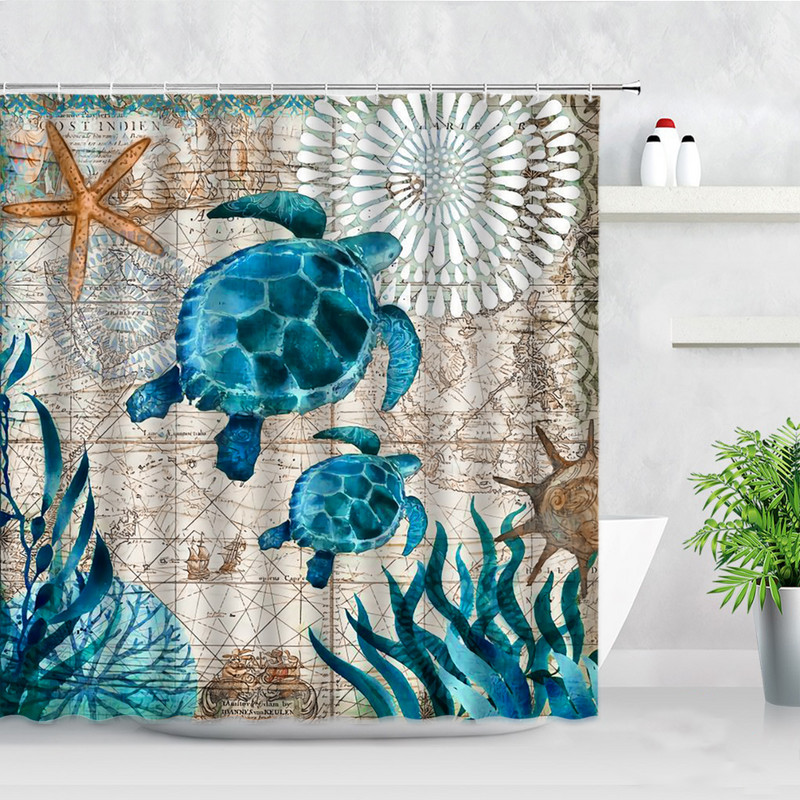 Delfīns Jūras Bruņurupucis Astoņkājis Dušas Aizkari Akvarelis Okeāna Dzīvnieku Ziedu Ainavas Dekors Ūdensizturīgs Vanna Vannas aizkars Baño