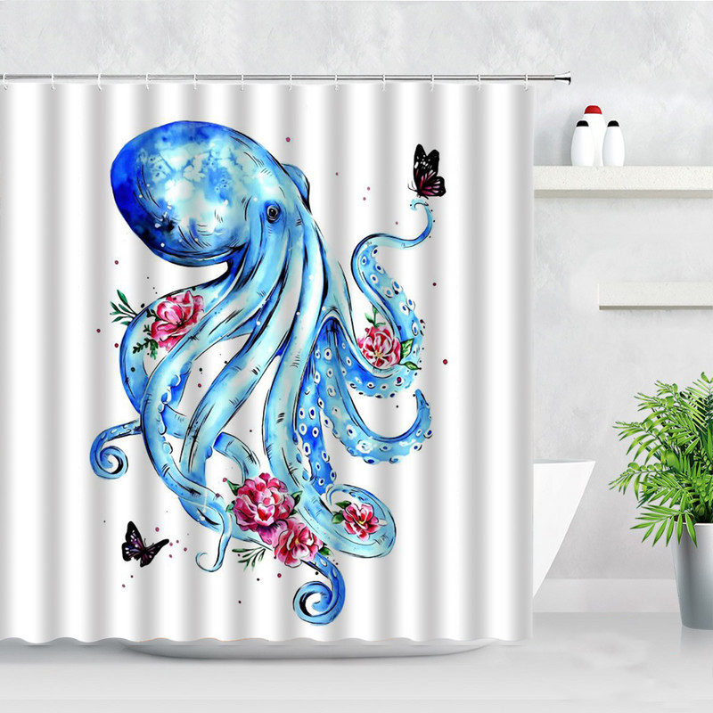 Delfīns Jūras Bruņurupucis Astoņkājis Dušas Aizkari Akvarelis Okeāna Dzīvnieku Ziedu Ainavas Dekors Ūdensizturīgs Vanna Vannas aizkars Baño
