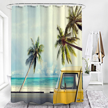 Λεωφορείο Palm Tree Beach Κουρτίνες μπάνιου με Hook Ocean Landscape Έντυπη Οθόνη Μπανιέρας Μπάνιου