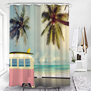 Автобус Плажни завеси за душ с палма с кука Пейзаж на океана Декорация за баня Параван за вана