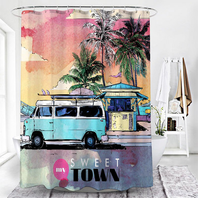 Автобус Плажни завеси за душ с палма с кука Пейзаж на океана Декорация за баня Параван за вана