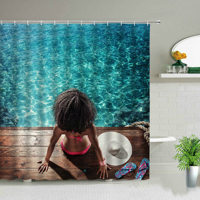 Sunčeva plaža Djevojka Palma Daska za surfanje Krajolik Zavjese za tuširanje Seksi žena 3D ispisana šik zavjesa Dekoracija kupaonice s kukama