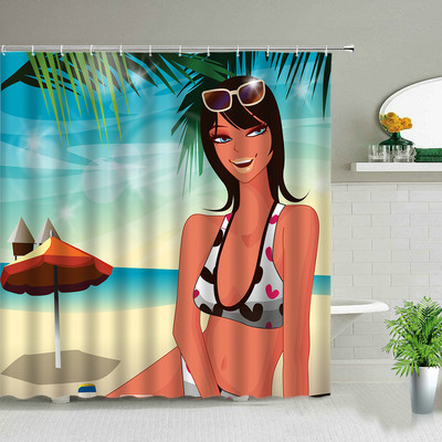 Sunčeva plaža Djevojka Palma Daska za surfanje Krajolik Zavjese za tuširanje Seksi žena 3D ispisana šik zavjesa Dekoracija kupaonice s kukama