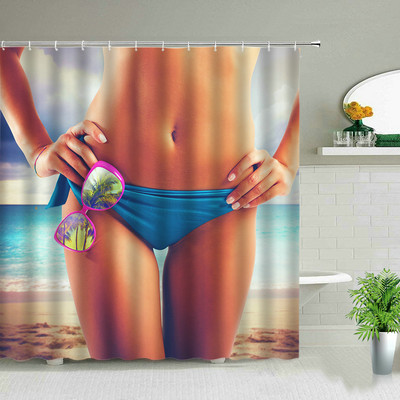 Sunčeva plaža Djevojka Palma Daska za surfanje Krajolik Zavjese za tuširanje Seksi žena 3D ispisana šik zavjesa Dekoracija kupaonice s kukama