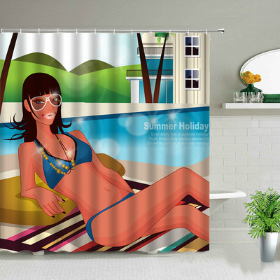 Sunčeva plaža Djevojka Palma Daska za surfanje Krajolik Zavjese za tuširanje Seksi žena 3D ispisana šik zavjesa Dekoracija kupaonice s kukama
