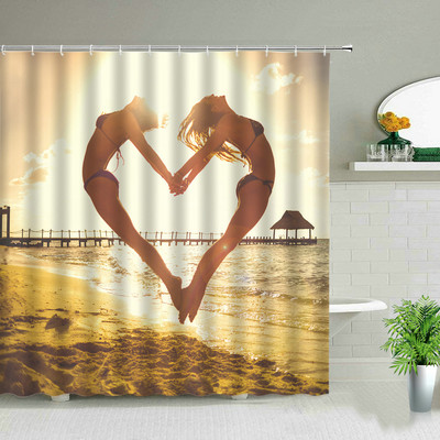 Sunčeva plaža Djevojka Palma Daska za surfanje Krajolik Zavjese za tuširanje Seksi žena 3D ispisana šik zavjesa Dekoracija kupaonice s kukama