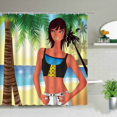 Sunčeva plaža Djevojka Palma Daska za surfanje Krajolik Zavjese za tuširanje Seksi žena 3D ispisana šik zavjesa Dekoracija kupaonice s kukama