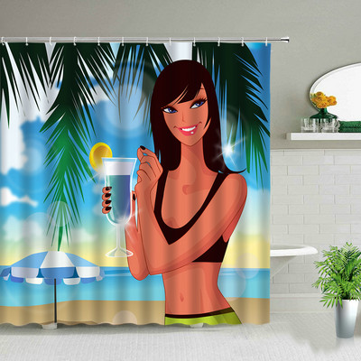 Sunčeva plaža Djevojka Palma Daska za surfanje Krajolik Zavjese za tuširanje Seksi žena 3D ispisana šik zavjesa Dekoracija kupaonice s kukama