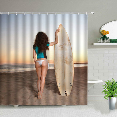 Sunčeva plaža Djevojka Palma Daska za surfanje Krajolik Zavjese za tuširanje Seksi žena 3D ispisana šik zavjesa Dekoracija kupaonice s kukama