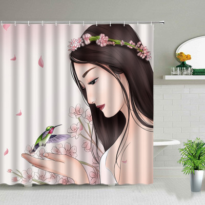 Sunčeva plaža Djevojka Palma Daska za surfanje Krajolik Zavjese za tuširanje Seksi žena 3D ispisana šik zavjesa Dekoracija kupaonice s kukama