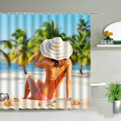 Sunčeva plaža Djevojka Palma Daska za surfanje Krajolik Zavjese za tuširanje Seksi žena 3D ispisana šik zavjesa Dekoracija kupaonice s kukama