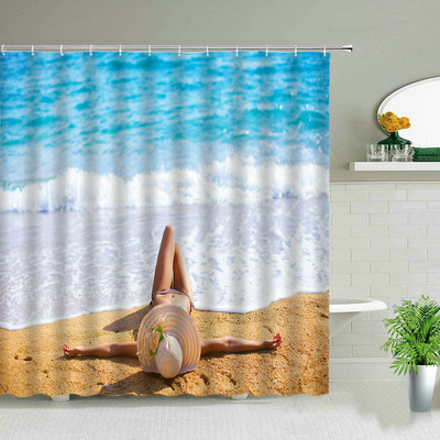 Sunčeva plaža Djevojka Palma Daska za surfanje Krajolik Zavjese za tuširanje Seksi žena 3D ispisana šik zavjesa Dekoracija kupaonice s kukama