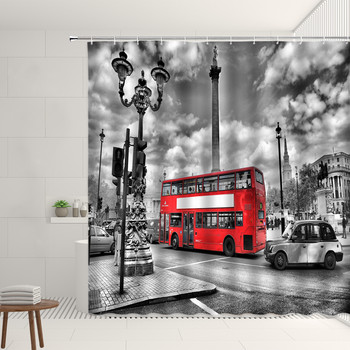 Σετ ρετρό κουρτίνα ντους δρόμου Red Nostalgia Vintage Bus London Big Ben Μοτίβο Διακόσμηση κρεμαστή κουρτίνα μπάνιου Πολυεστερική οθόνη