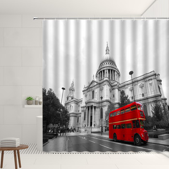 Σετ ρετρό κουρτίνα ντους δρόμου Red Nostalgia Vintage Bus London Big Ben Μοτίβο Διακόσμηση κρεμαστή κουρτίνα μπάνιου Πολυεστερική οθόνη