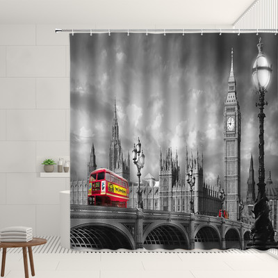 Retro set uličnih zavjesa za tuš Red Nostalgia Vintage Bus London Big Ben Pattern Decor Viseća zavjesa Kupaonski poliesterski paravan