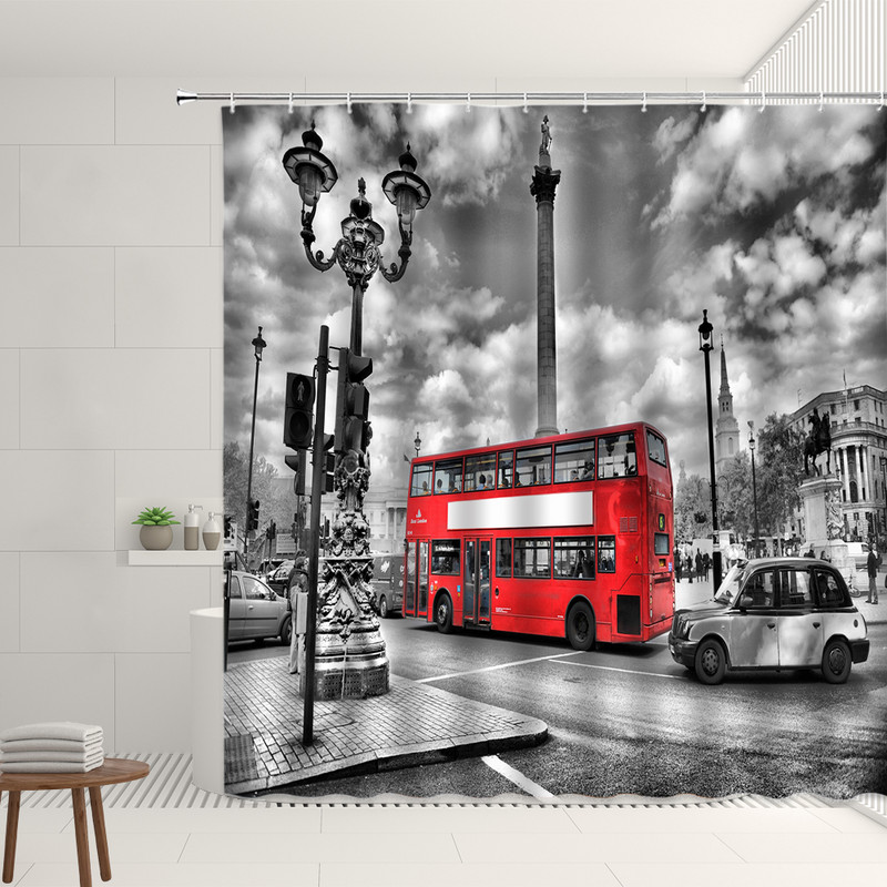 Retro set uličnih zavjesa za tuš Red Nostalgia Vintage Bus London Big Ben Pattern Decor Viseća zavjesa Kupaonski poliesterski paravan