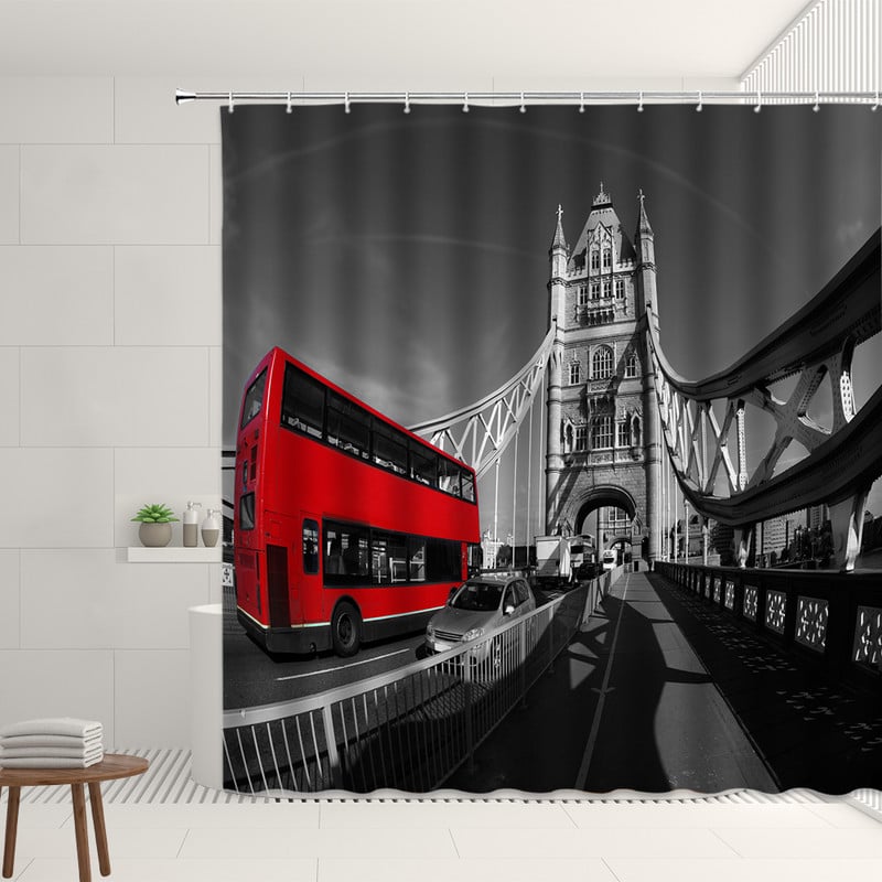 Retro set uličnih zavjesa za tuš Red Nostalgia Vintage Bus London Big Ben Pattern Decor Viseća zavjesa Kupaonski poliesterski paravan