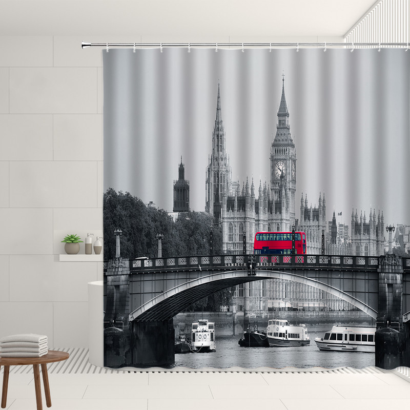 Retro set uličnih zavjesa za tuš Red Nostalgia Vintage Bus London Big Ben Pattern Decor Viseća zavjesa Kupaonski poliesterski paravan