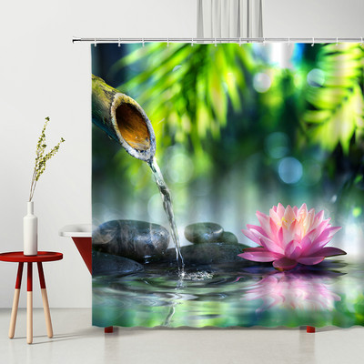 Zen kamene zavjese za tuširanje Pejzažni kamen Bambus Vodena svijeća Kip Bude Cvijeće Zeleni list 3D kupaonska zavjesa Dekoracija zaslona