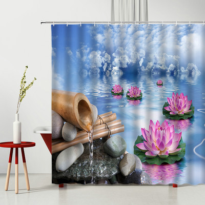 Zen kamene zavjese za tuširanje Pejzažni kamen Bambus Vodena svijeća Kip Bude Cvijeće Zeleni list 3D kupaonska zavjesa Dekoracija zaslona