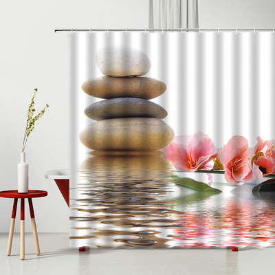 Zen kamene zavjese za tuširanje Pejzažni kamen Bambus Vodena svijeća Kip Bude Cvijeće Zeleni list 3D kupaonska zavjesa Dekoracija zaslona