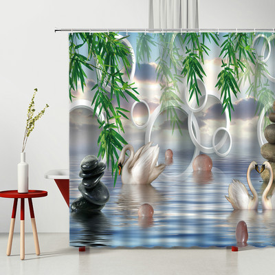 Zen kamene zavjese za tuširanje Pejzažni kamen Bambus Vodena svijeća Kip Bude Cvijeće Zeleni list 3D kupaonska zavjesa Dekoracija zaslona