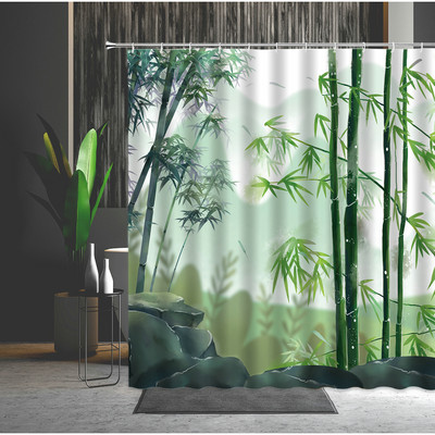 Zen kamene zavjese za tuširanje Pejzažni kamen Bambus Vodena svijeća Kip Bude Cvijeće Zeleni list 3D kupaonska zavjesa Dekoracija zaslona